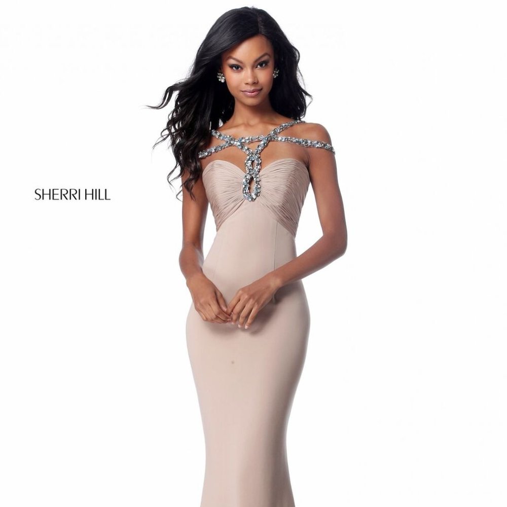 Sherri Hill black gown with a Grecian neckline